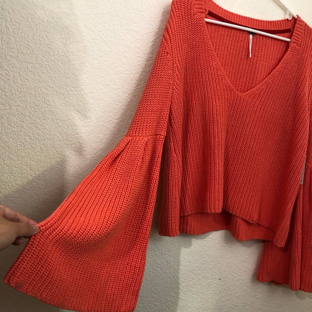 Free People Sweater V-Neck Bell Sleeve Coral Orang - Picture 6 of 12